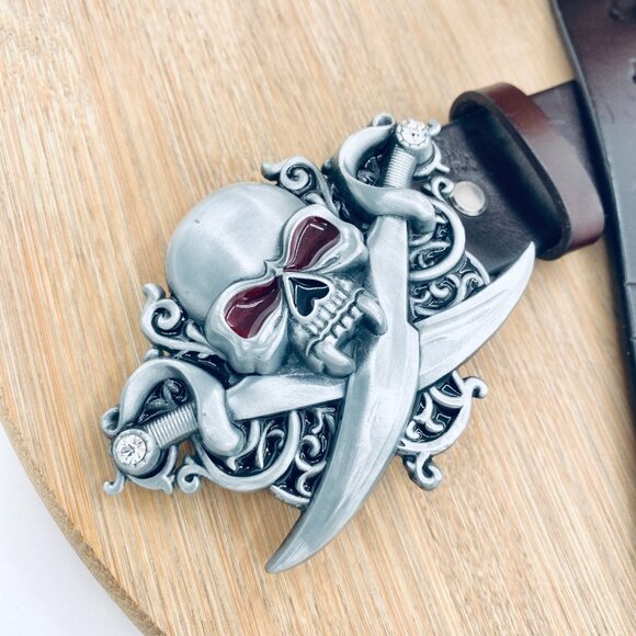 Jeans Friends Belt Womens S Black Full Grain Leather Silver Skull Buckle Pirate - Picture 3 of 10